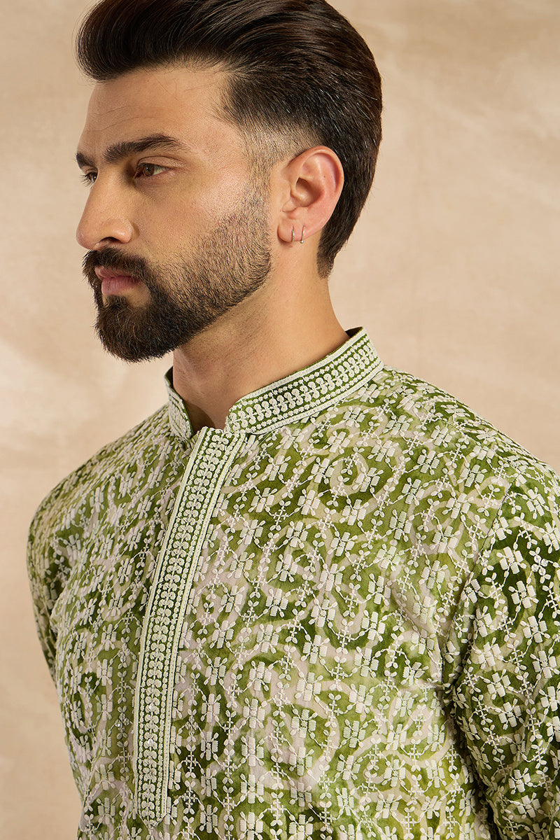 Green Viscose Rayon Batik Embroidered Straight Kurta MKU1717