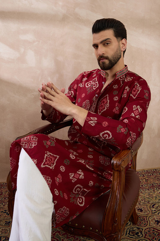 Red Silk Blend Printed Mandarin Collar Straight Kurta With Trouser MKSET1988