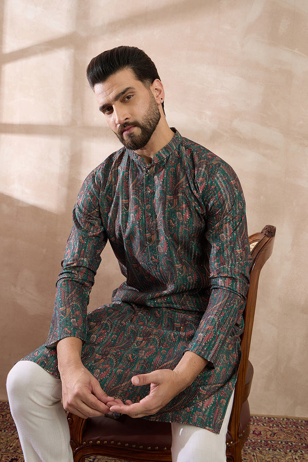 Green Silk Blend Printed Mandarin Collar Straight Kurta With Trouser MKSET2050