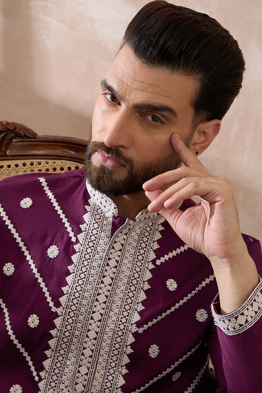 Purple Silk Blend Embroidered Mandarin Collar Straight Kurta With Trouser MKSET1789
