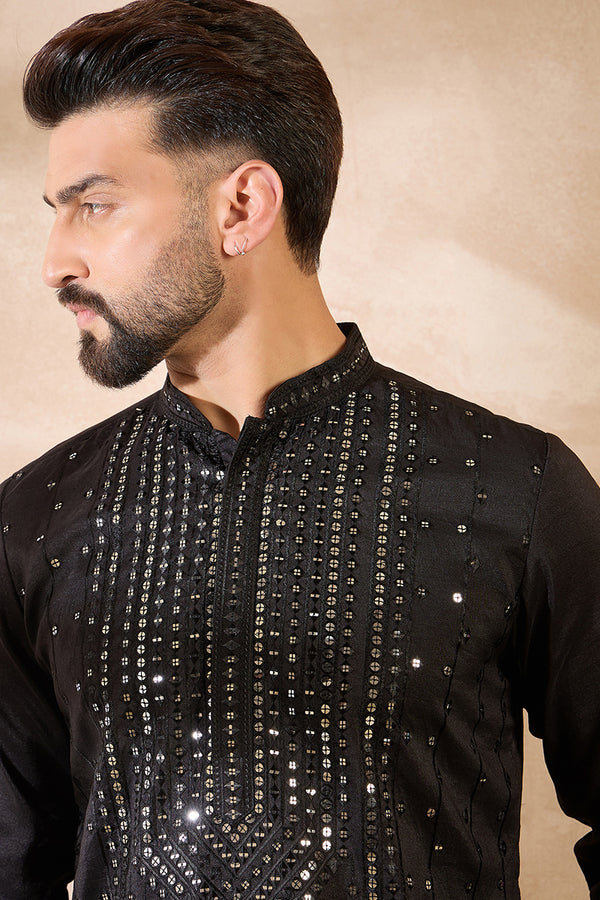 Black Silk Blend Geometric Embroidered Straight Kurta MKU1689