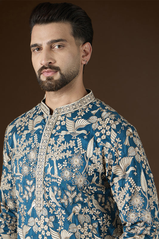 Blue Silk Blend Solid Embroidered Kurta With Trouser MKSET2728