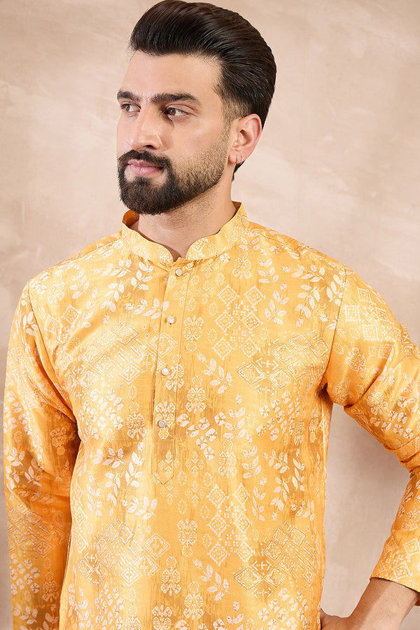 Yellow Silk Blend Ethnic Motifs Printed Straight Kurta With Trouser MKSET2012