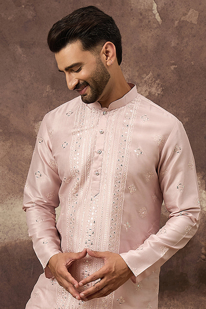 Pink Silk Blend Solid Embroidered Straight Kurta With Pant Set MKSET1362
