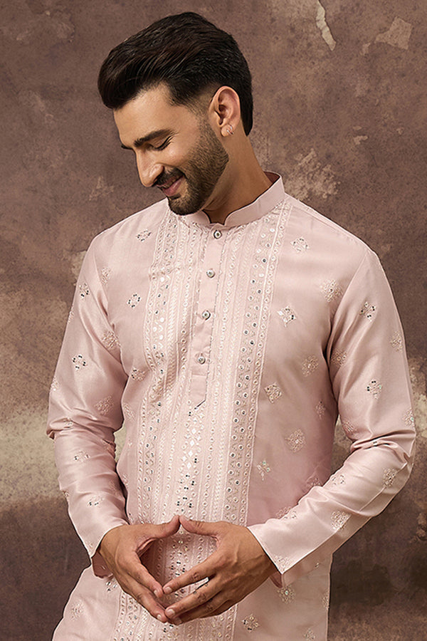 Pink Silk Blend Solid Embroidered Straight Kurta With Pant Set MKSET1362
