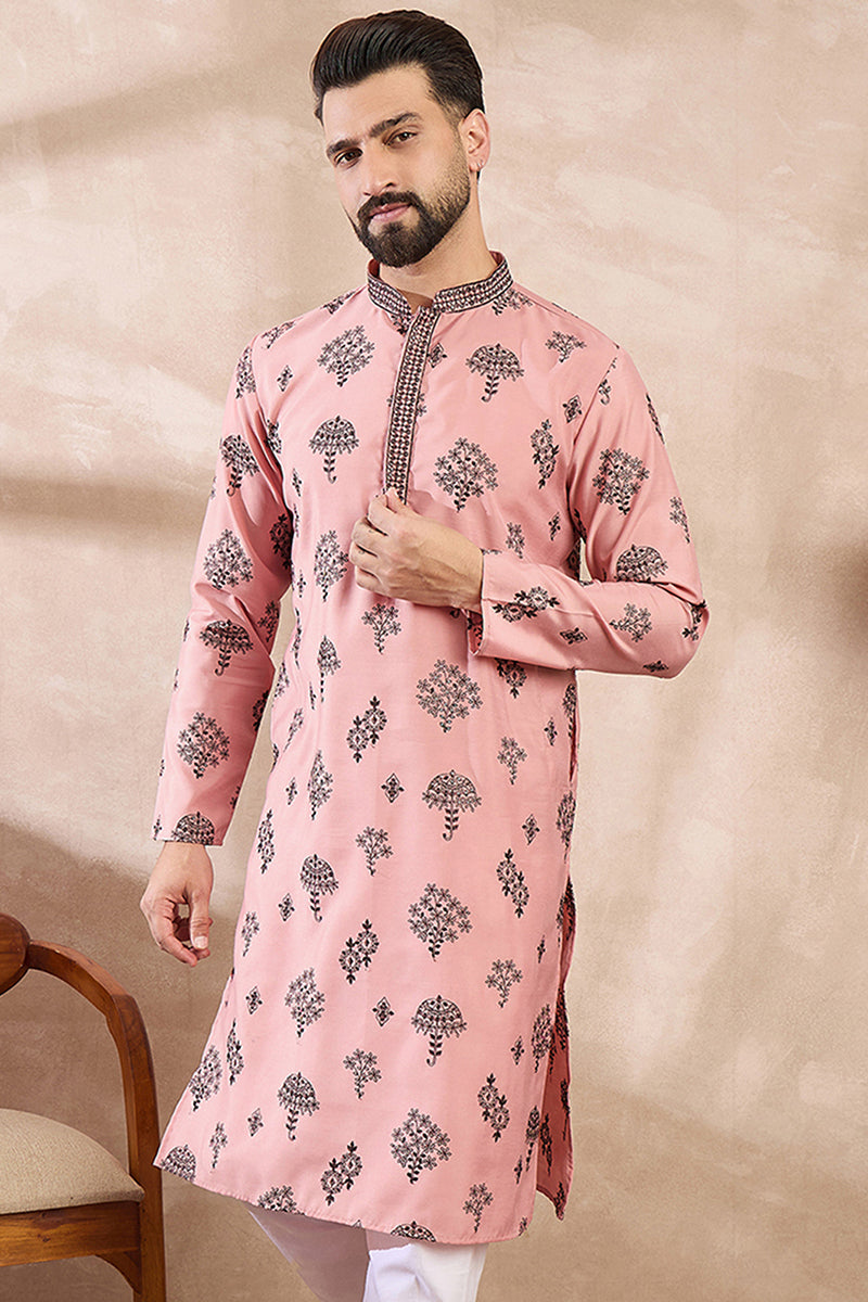 Peach Silk Blend Solid Embroidered Straight Kurta MKU1804