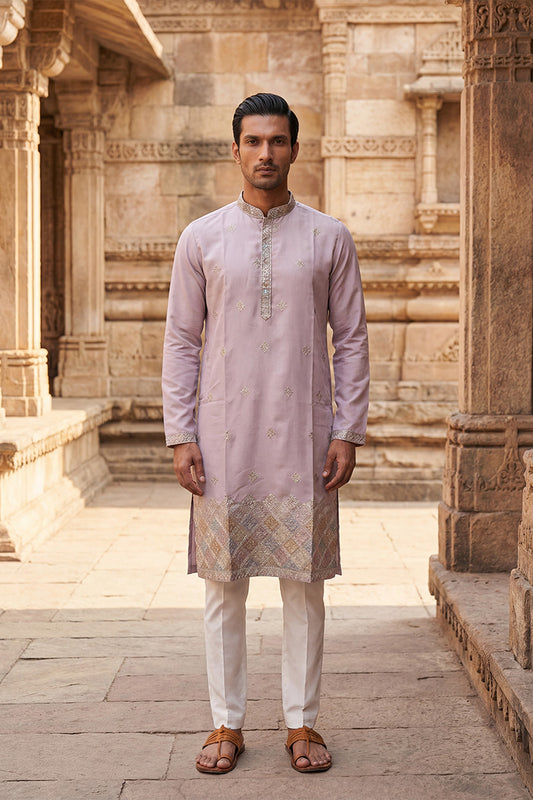 Lavender Silk Blend Embroidered Straight Kurta With Trousers MKSET2094