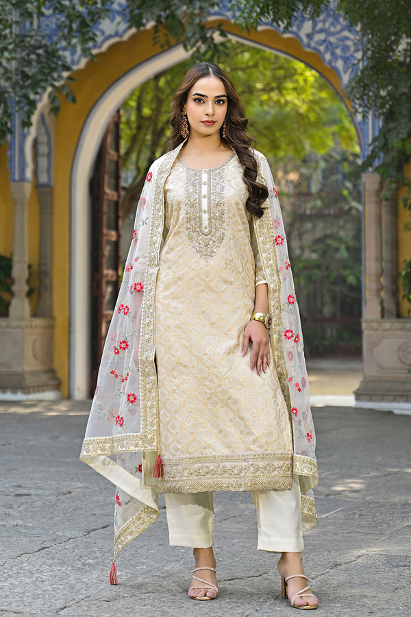 Off White Silk Blend Solid Embroidered Straight Kurta Trousers With Dupatta PKSKD2925
