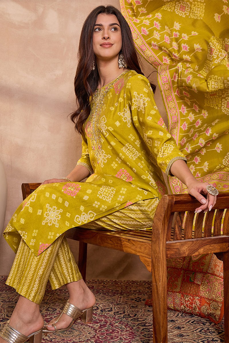 Silk Blend Ethnic Motifs Printed Yellow Kurta And Trousers With Dupatta PKSKD3232