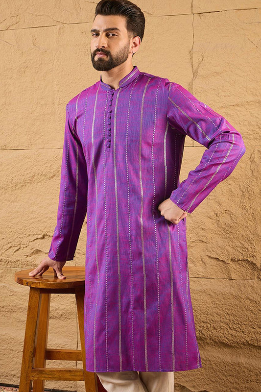 Purple Pure Cotton Solid Embroidered Straight Kurta with Trouser MKSET1194