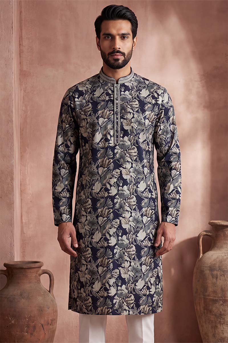 Blue Viscose Rayon Floral Printed Kurta With Trousers MKSET1982