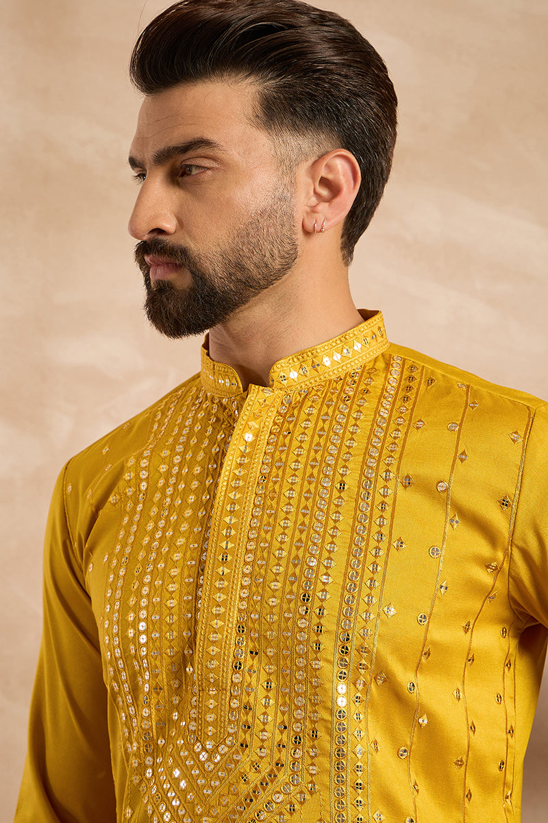 Yellow Silk Blend Geometric Embroidered Straight Kurta MKU1688