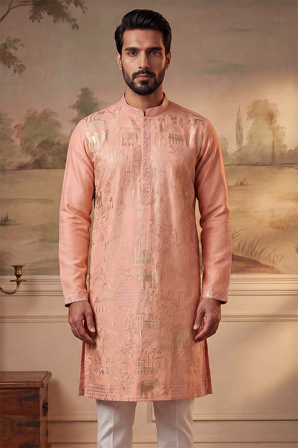 Peach Viscose Rayon Solid Embroidered Kurta MKU2092