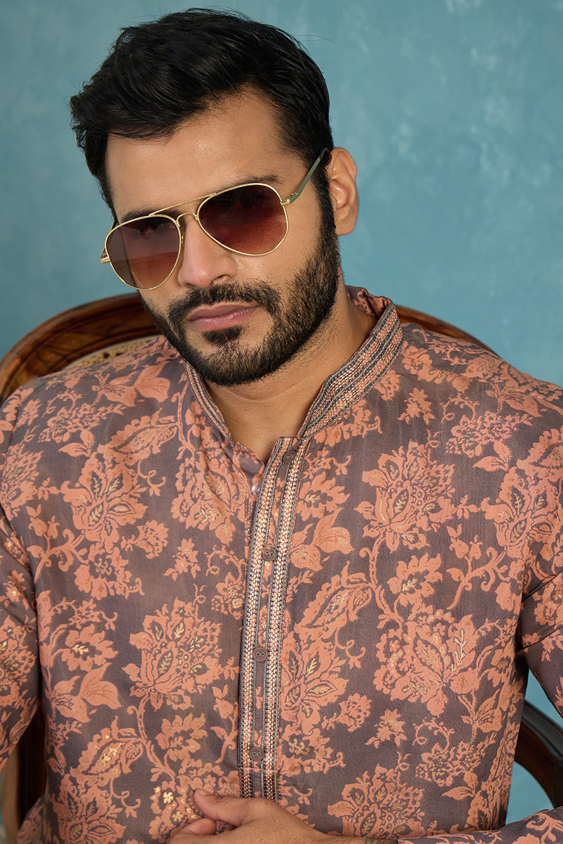 Grey Modal Floral Printed Calf Length Straight Regular Kurta With Trouser MKSET1980