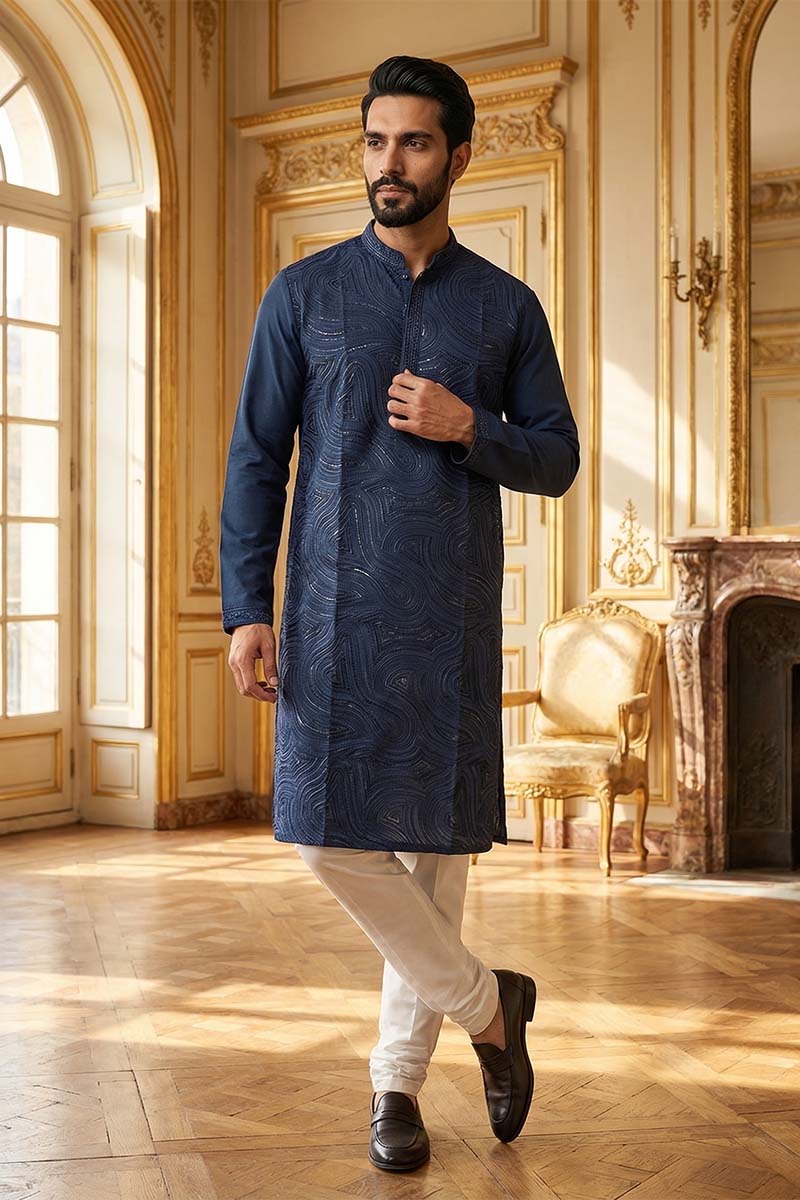 Blue Silk Blend Embroidered Straight Kurta With Trousers MKSET2124