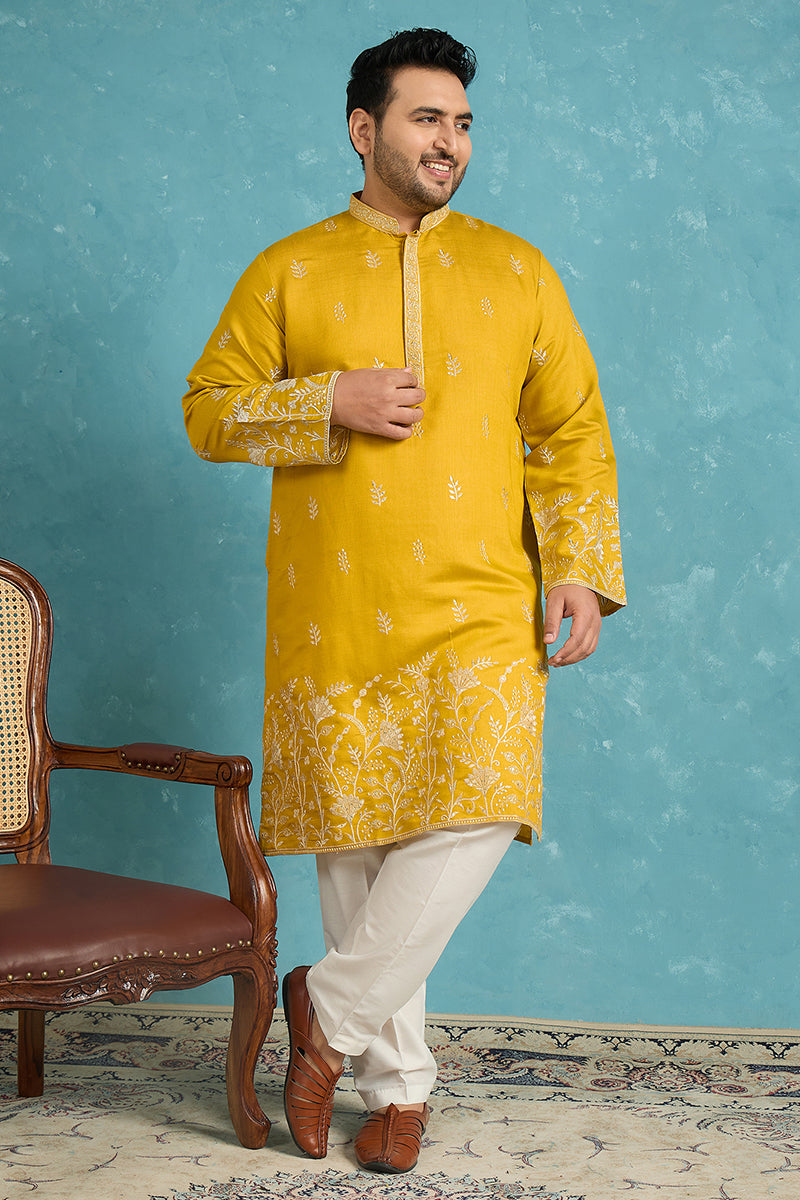 Yellow Silk Blend Solid Thread Work Embroidered Kurta MKU1314