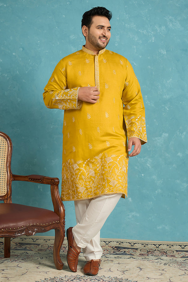 Yellow Silk Blend Solid Thread Work Embroidered Kurta MKU1314
