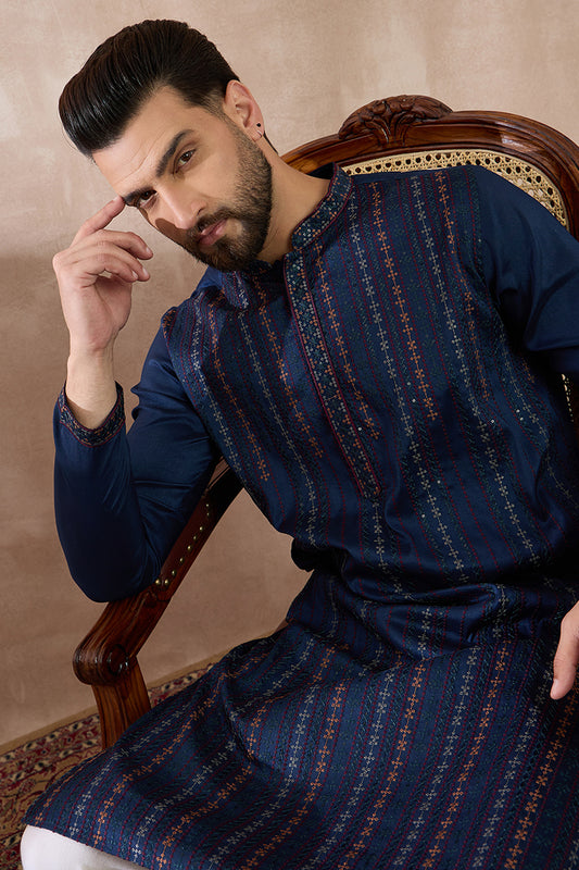 Navy Blue Silk Blend Embroidered Mandarin Collar Straight Kurta With Trouser MKSET2040