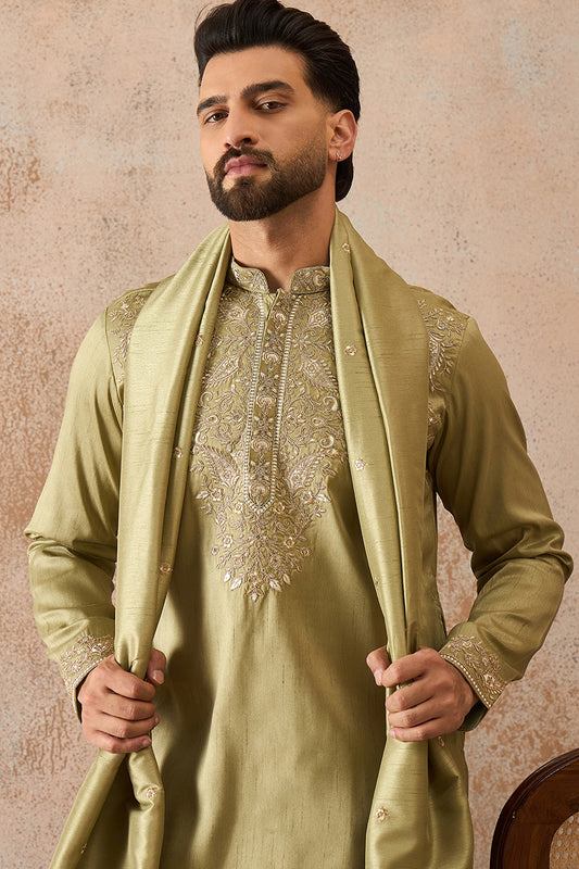 Green Zari Embroidered Silk Blend Kurta with Trousers & Dupatta MKPD1046