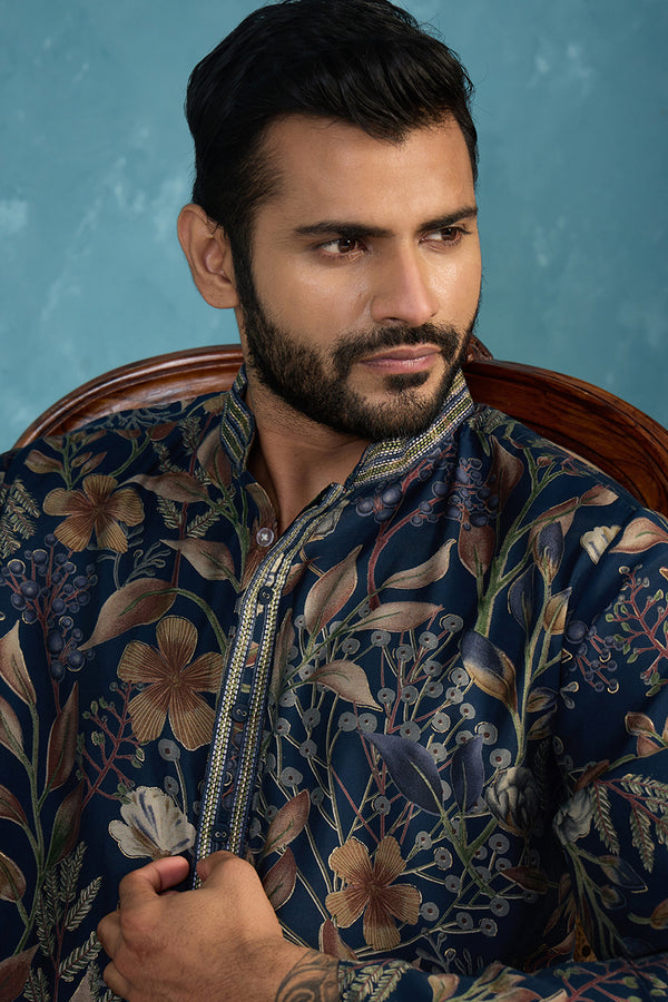 Blue Modal Floral Printed Calf Length Straight Regular Kurta MKU1978