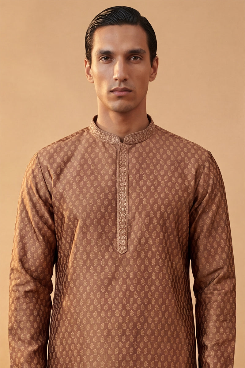 Brown Jacquard Woven Design Straight Kurta With Trouser MKSET2343