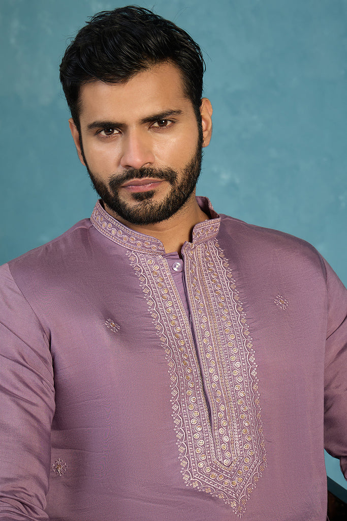 Lavender Silk Blend Solid Emboidered Sequins Kurta MKU2277