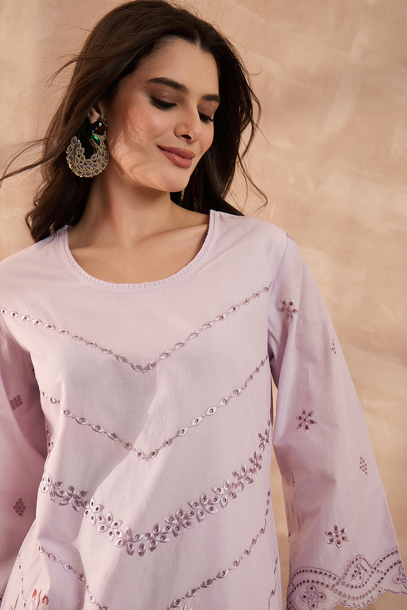 Lavender Pure Cotton Embroidered Scalloped Coord Sets VCORD1162