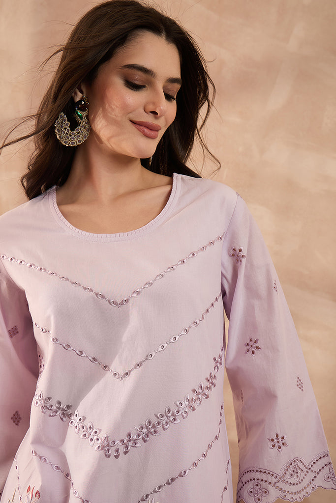 Lavender Pure Cotton Embroidered Scalloped Coord Sets VCORD1162