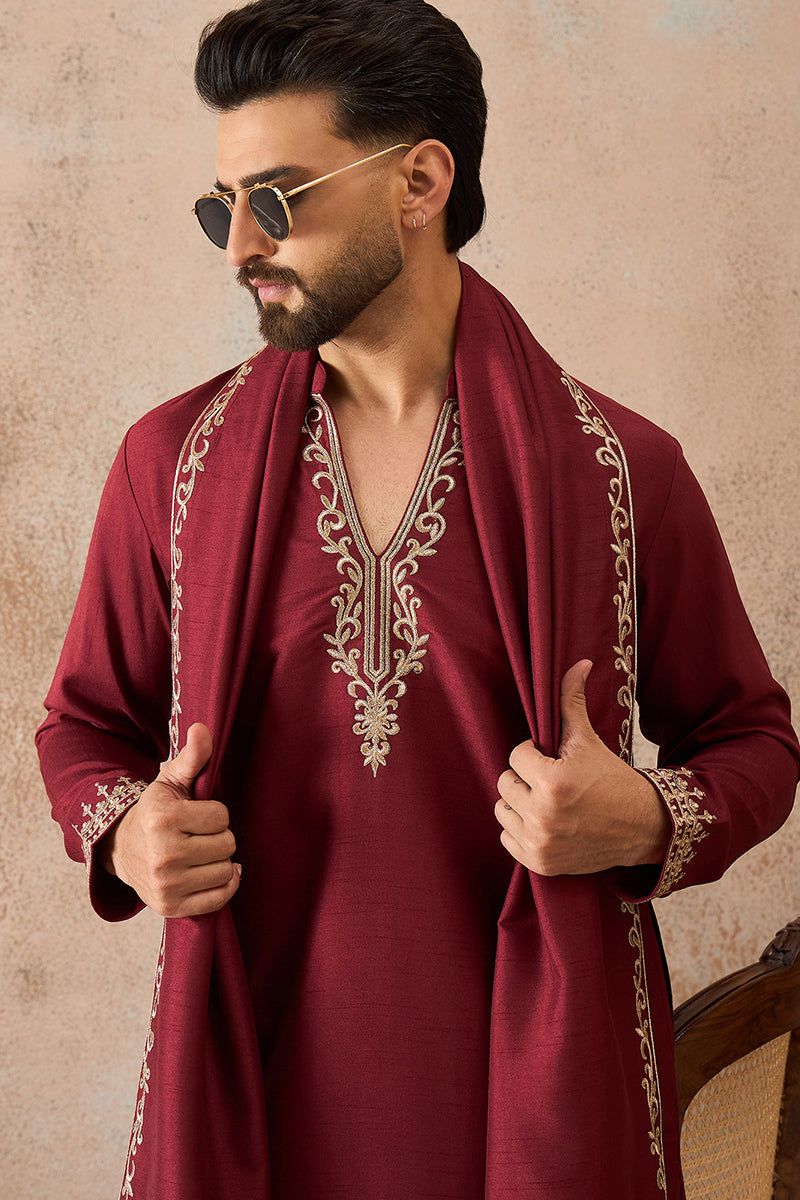 Maroon Silk Blend Solid Embroidered Kurta & Trouser With Dupatta MKPD1036