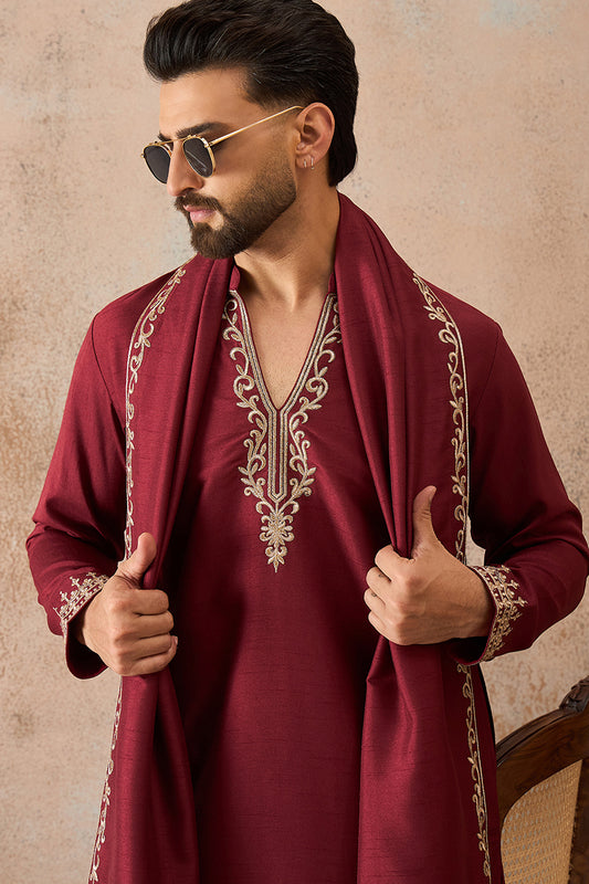 Maroon Silk Blend Solid Embroidered Kurta & Trouser With Dupatta MKPD1036