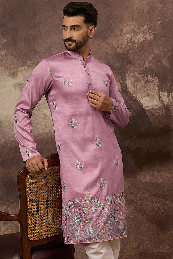 Pink Silk Blend Solid Embroidered Straight Kurta with Trouser MKSET1347