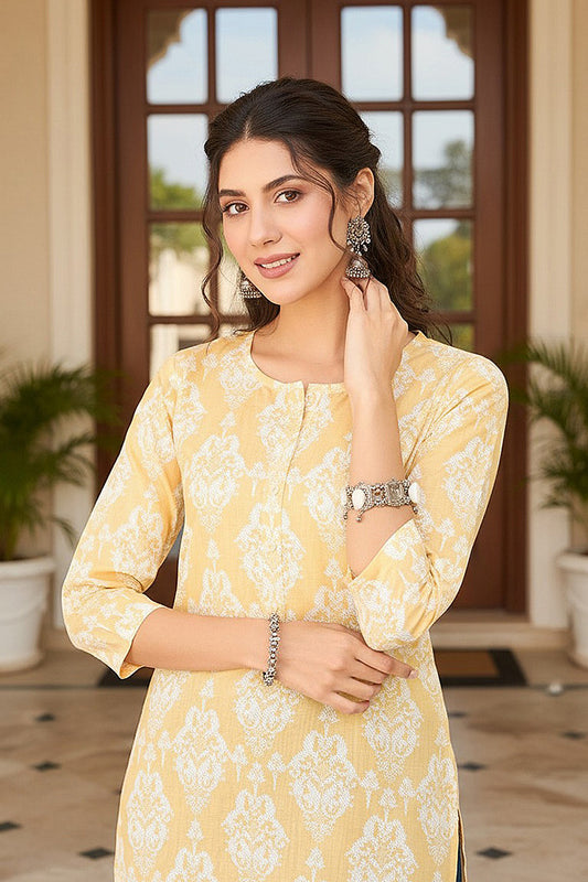 Yellow Cotton Blend Ethnic Motifs Printed Regular Top VT1389