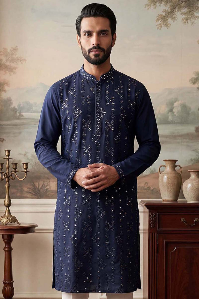 Blue Silk Blend Solid Embroidered Kurta MKU2075