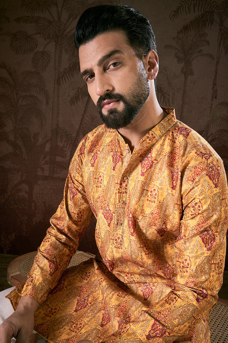 Mustard Silk Blend Ethnic Motifs Printed Straight Kurta With Trouser MKSET1925