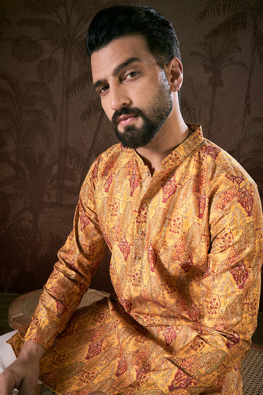 Mustard Silk Blend Ethnic Motifs Printed Straight Kurta With Trouser MKSET1925