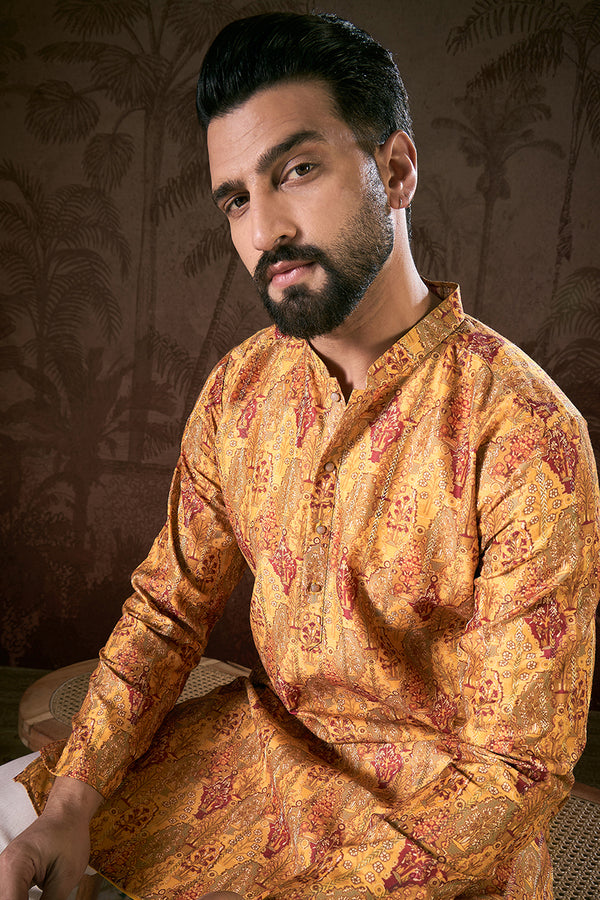 Mustard Silk Blend Ethnic Motifs Printed Straight Kurta MKU1925