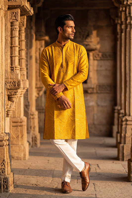 Yellow Silk Blend Embroidered Straight Kurta MKU2073