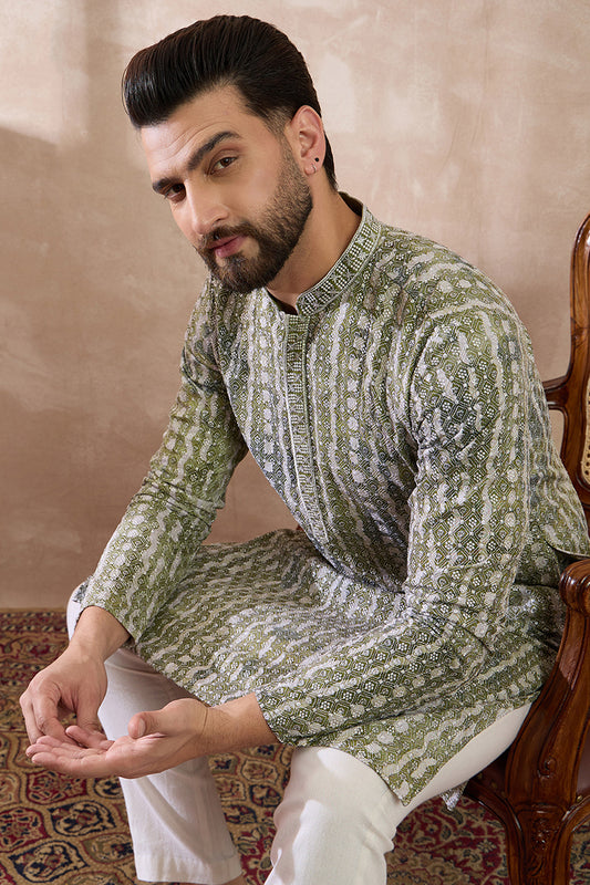 Green Silk Blend Printed Mandarin Collar Straight Kurta MKU1661