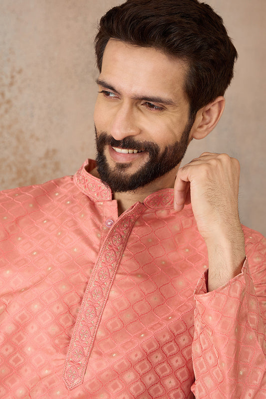 Coral Jacquard Ethnic Motifs Embroidered Kurta MKU2491