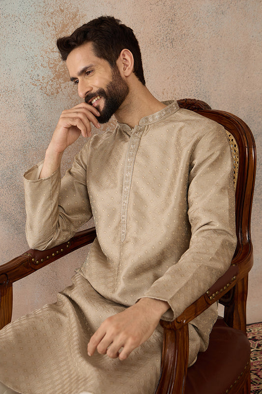 Beige Silk Blend Embroidered Solid Straight Kurta MKU2326