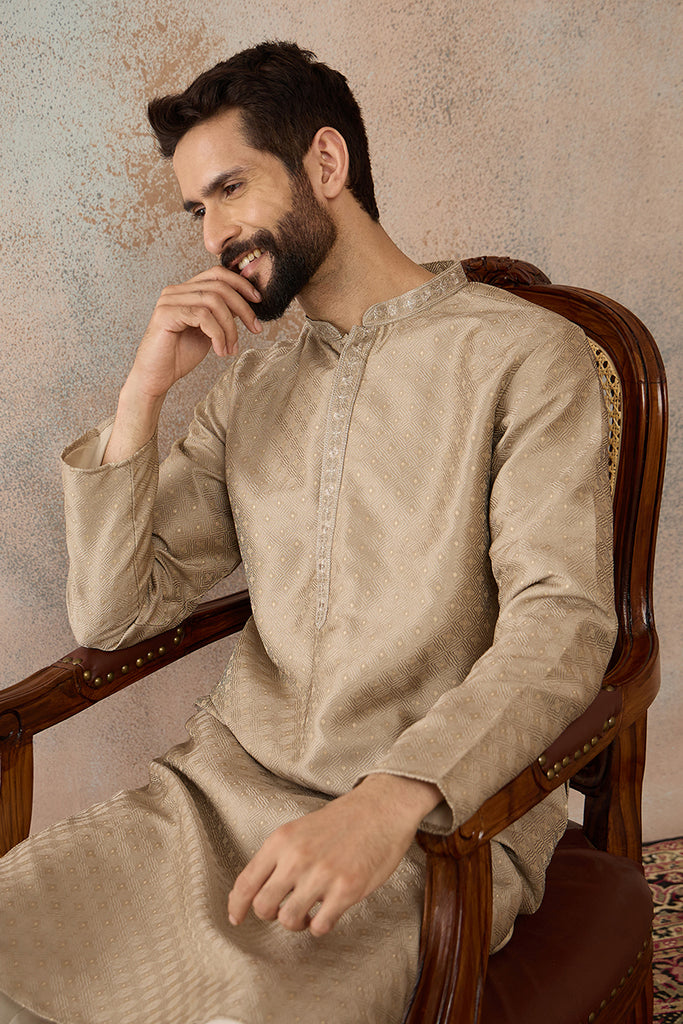 Beige Silk Blend Embroidered Solid Straight Kurta MKU2326