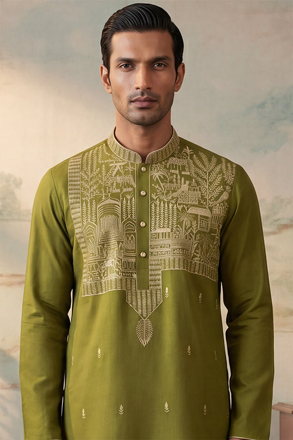 Green Silk Blend Solid Emboidered Straight Kurta MKU2373