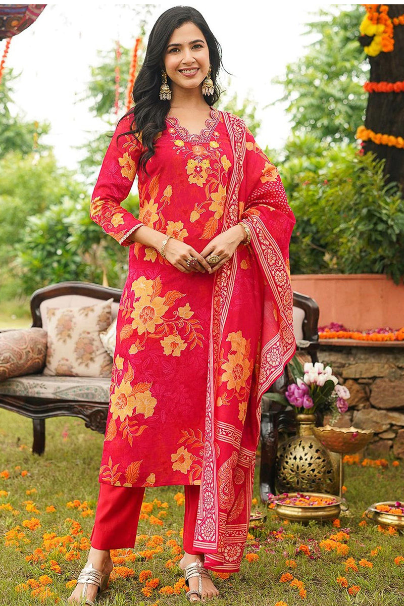 Red Rayon Blend Floral Straight Kurta Trousers With Dupatta PKSKD3051
