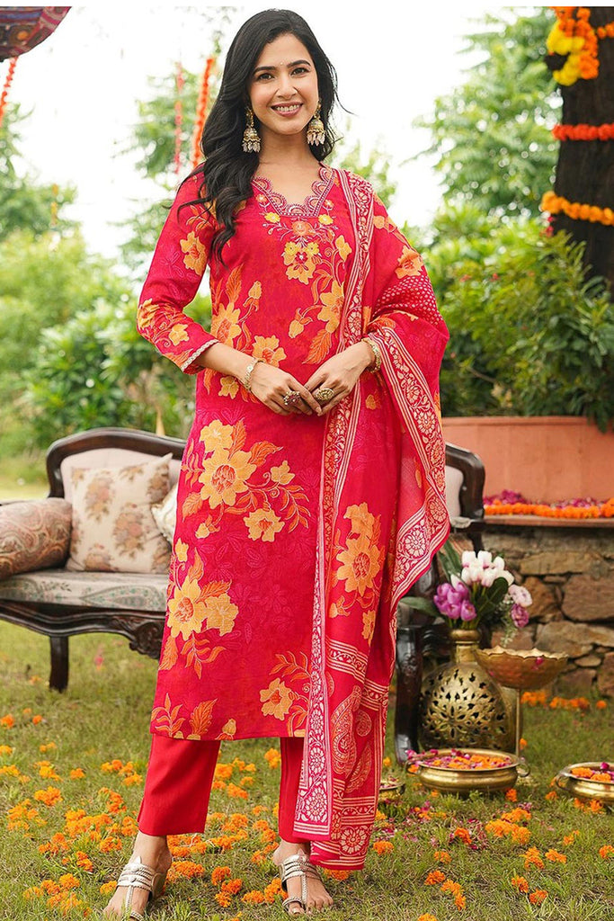 Red Rayon Blend Floral Straight Kurta Trousers With Dupatta PKSKD3051
