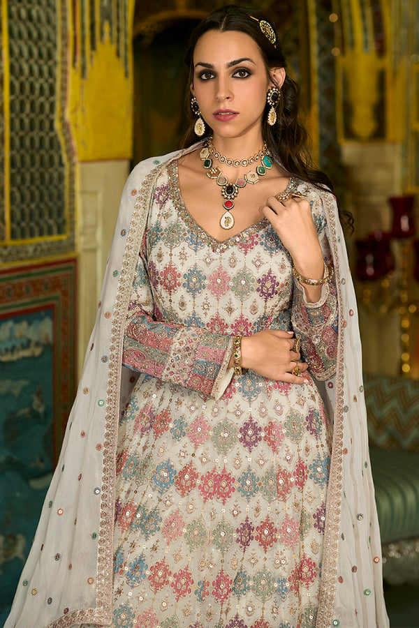 Off White Georgette Embroidered With Hand Work Gown With Dupatta VKSET1541