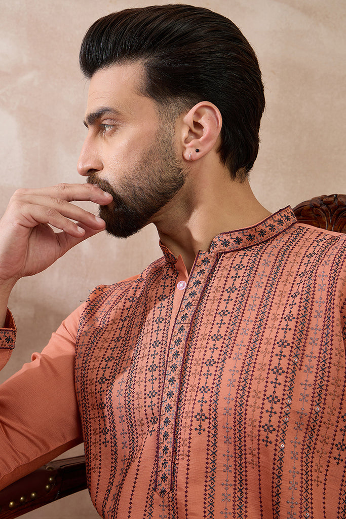 Orange Silk Blend Embroidered Mandarin Collar Straight Kurta With Trouser MKSET2043