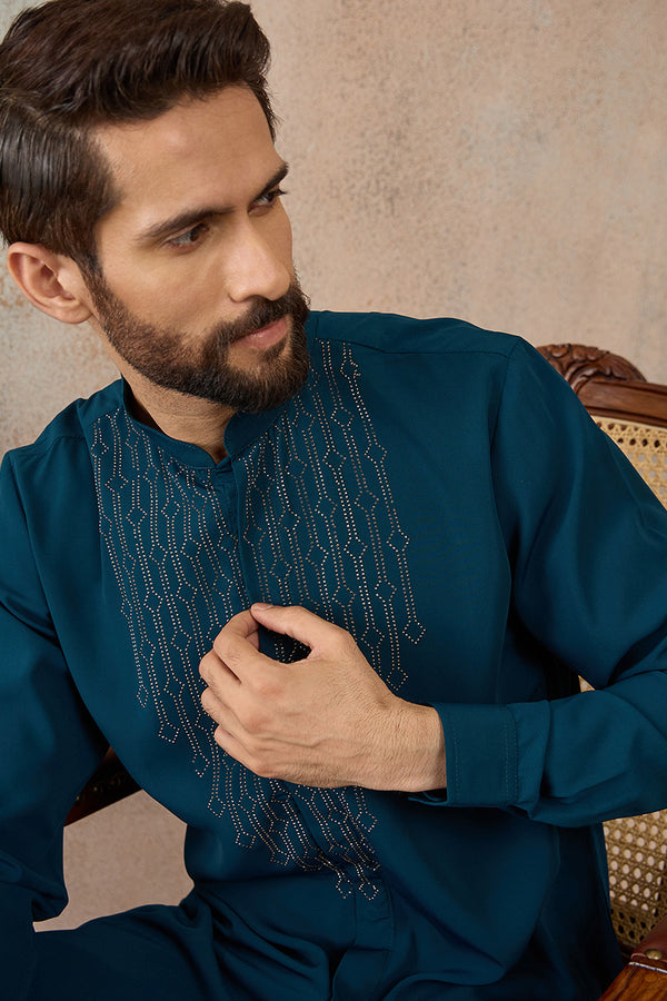 Blue Silk Blend Ethnic Motifs Printed Kurta With Trouser MKSET2389
