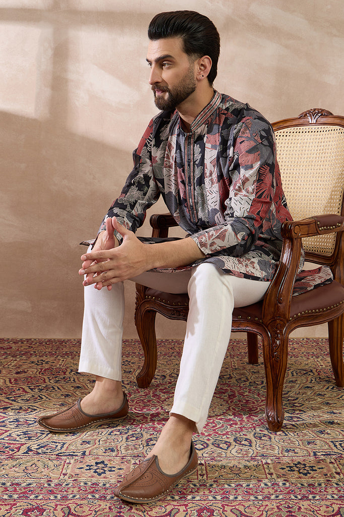 Black Silk Blend Printed Mandarin Collar Straight Kurta With Trouser MKSET1977