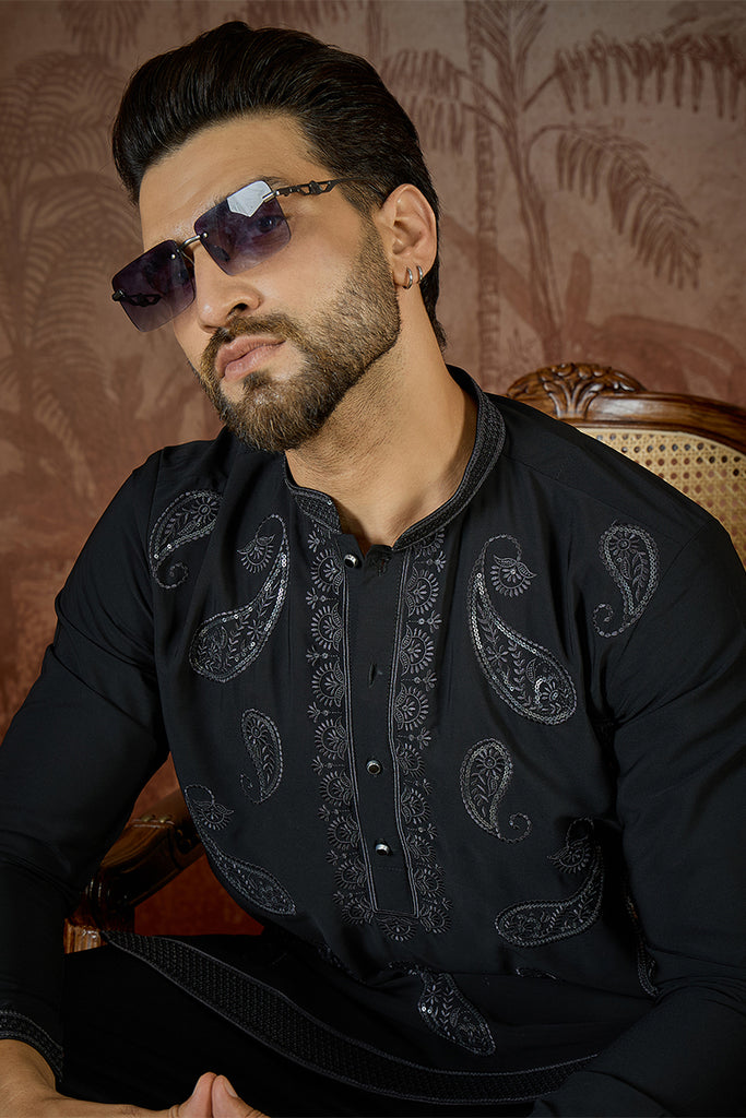 Black Silk Blend Solid Embroidered Kurta MKU2382