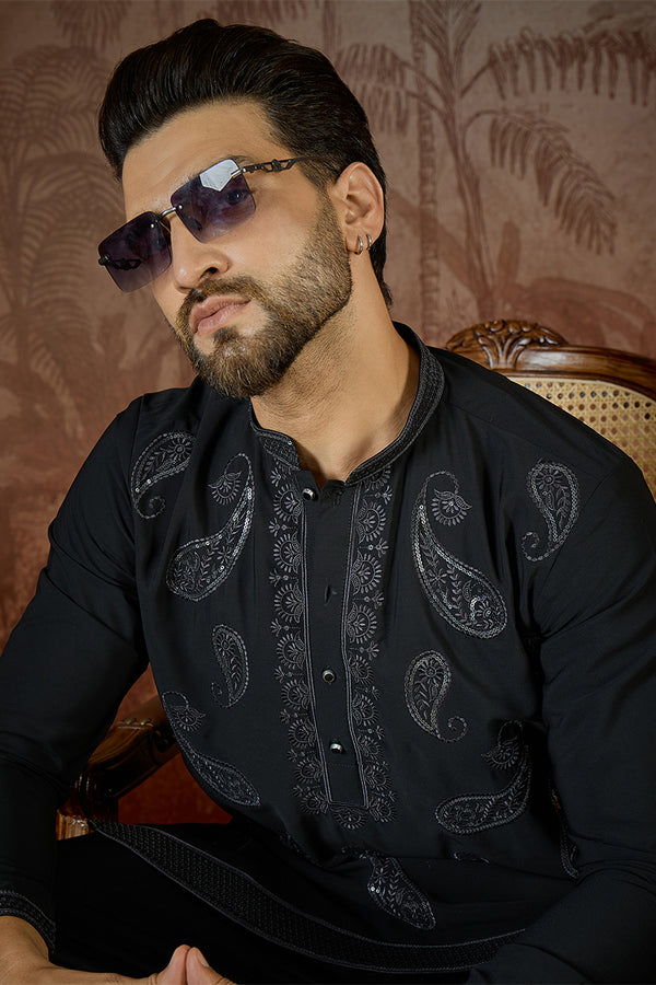 Black Silk Blend Solid Embroidered Kurta MKU2382